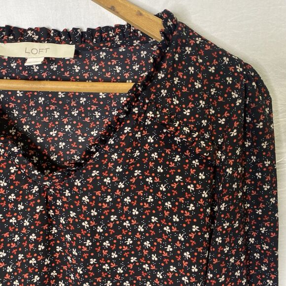 LOFT Blouse Floral Ruffle Trim V-Neck Puff Long Sleeve Pleated Womens S Black - Picture 1 of 13